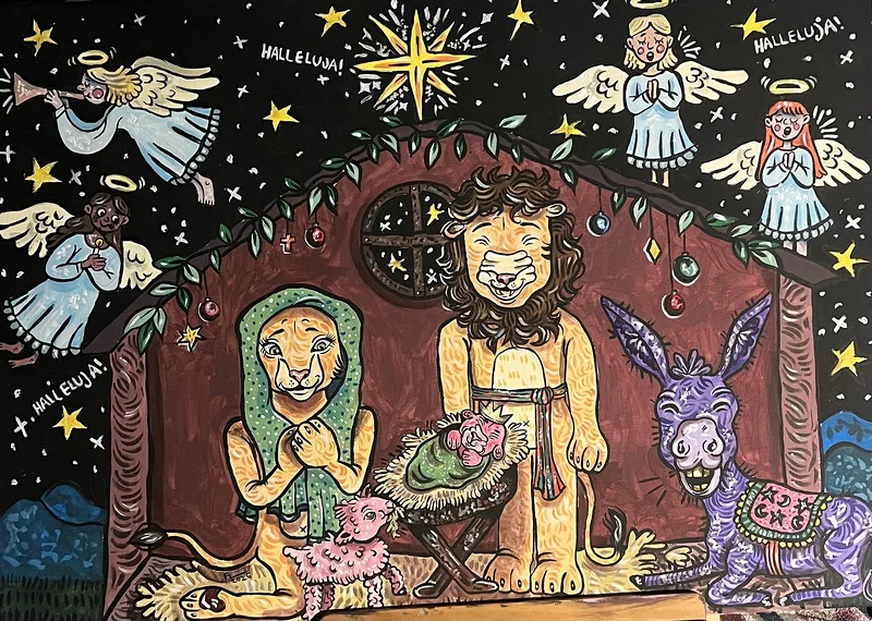 Akrylmålning Jesus födelse- jul krubba av Filippa Lönngren