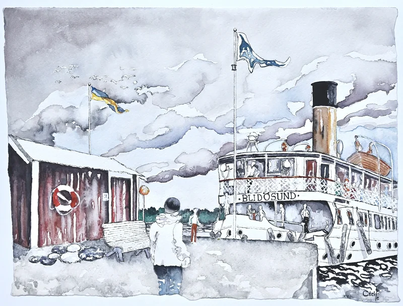 Akvarell Alsviks Brygga, Blidösund av Cécile Hansson