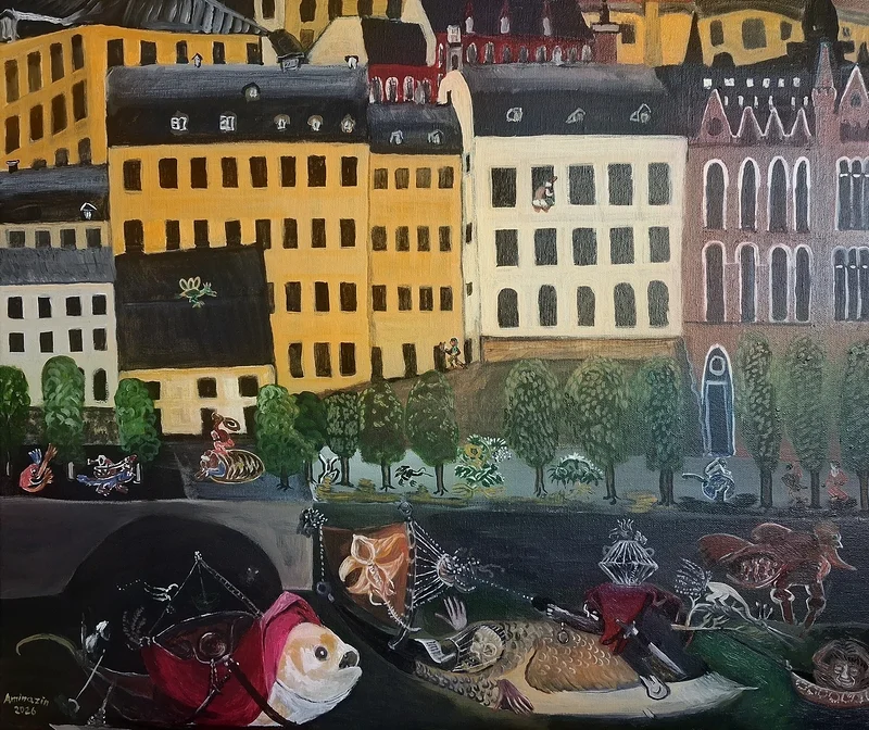 Oljemålning Fri fantasi på Hyeronymus Bosch konstverk av Aminazin Van-Gogin