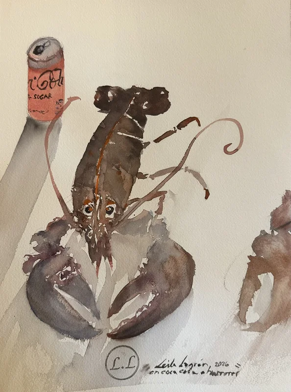Akvarell Hummer och coca cola av Leila Lagrèn