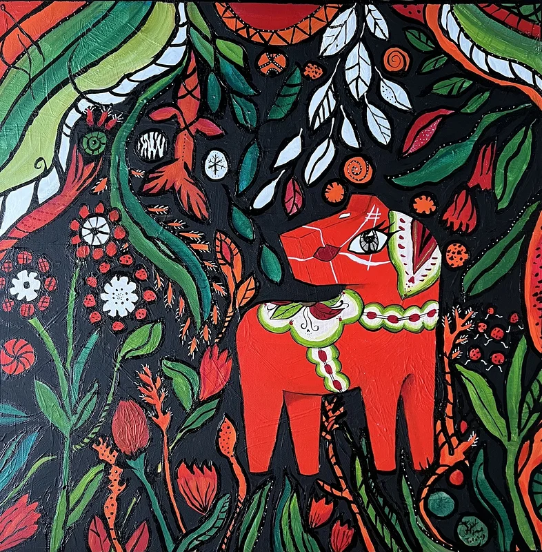 Akrylmålning Dalahäst i trädgården av Catarina Hjort Tolstoy