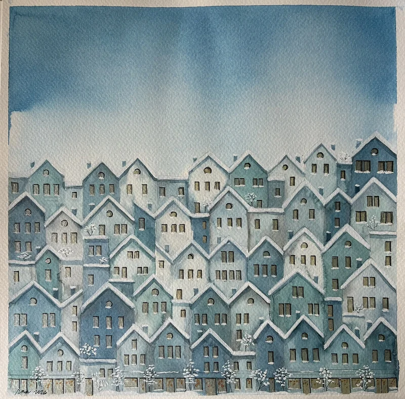 Akvarell 116 Blue homes av Rachelle Navarro Åstrand