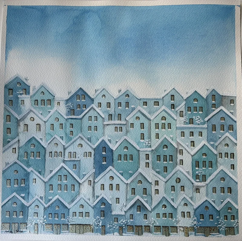 Akvarell 110 Blue homes av Rachelle Navarro Åstrand