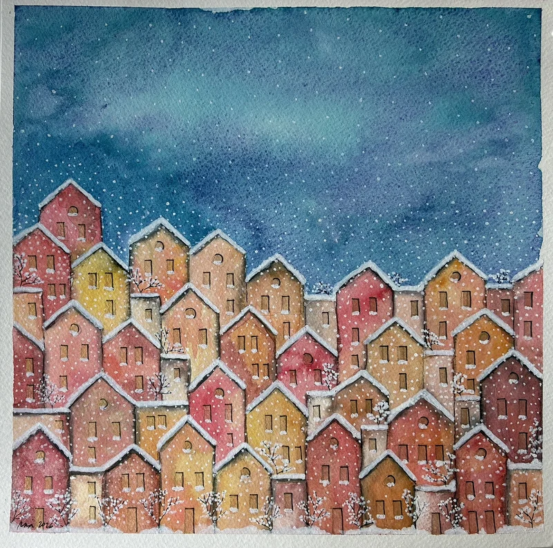 Akvarell 96 homes in winter av Rachelle Navarro Åstrand