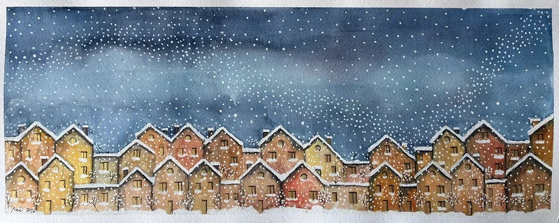 Akvarell 41 homes in winter av Rachelle Navarro Åstrand