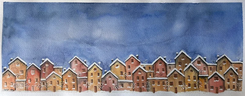 Akvarell 39 homes in winter av Rachelle Navarro Åstrand