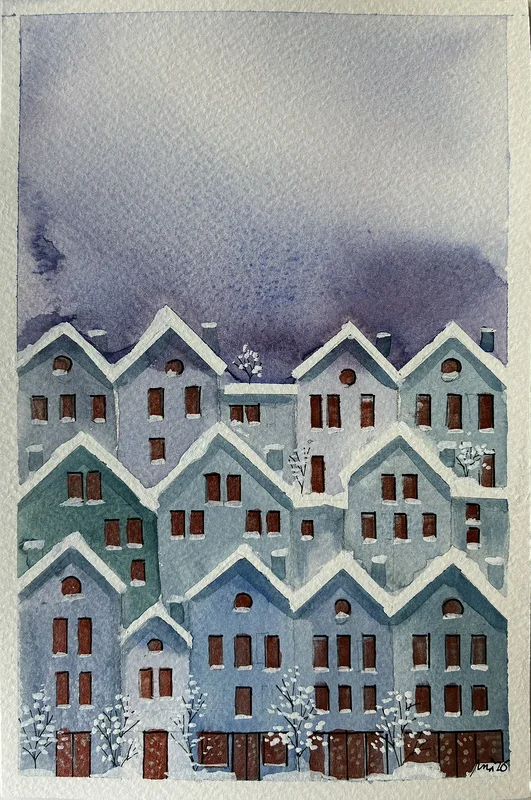 Akvarell 37 Blue homes av Rachelle Navarro Åstrand