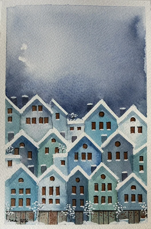 Akvarell 34 Blue homes av Rachelle Navarro Åstrand