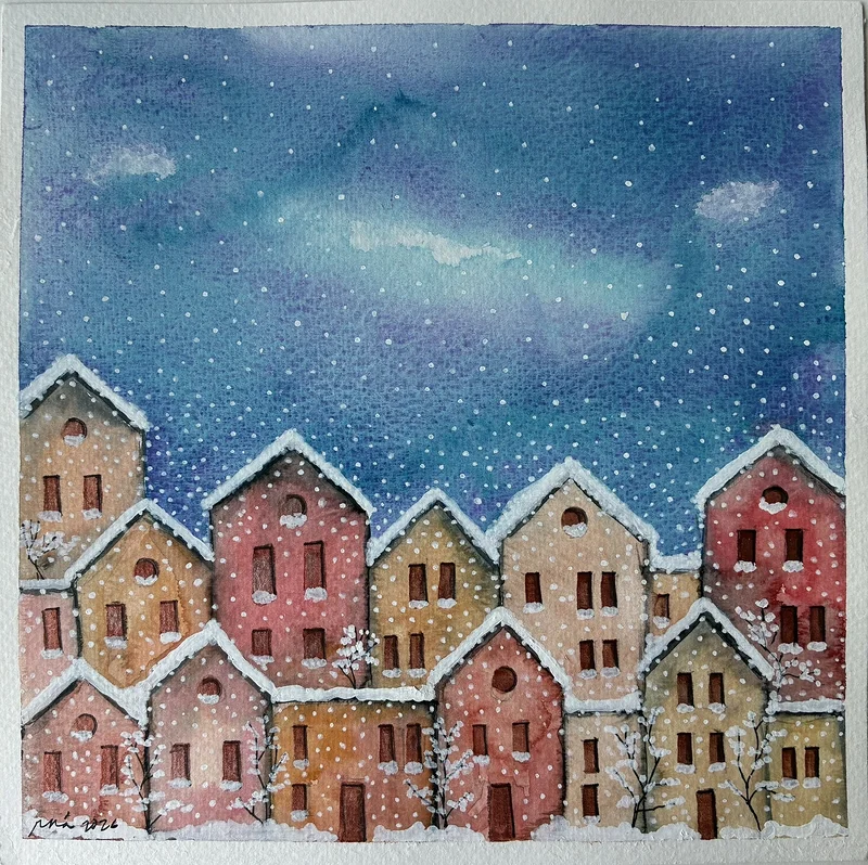 Akvarell 22 homes in winter av Rachelle Navarro Åstrand