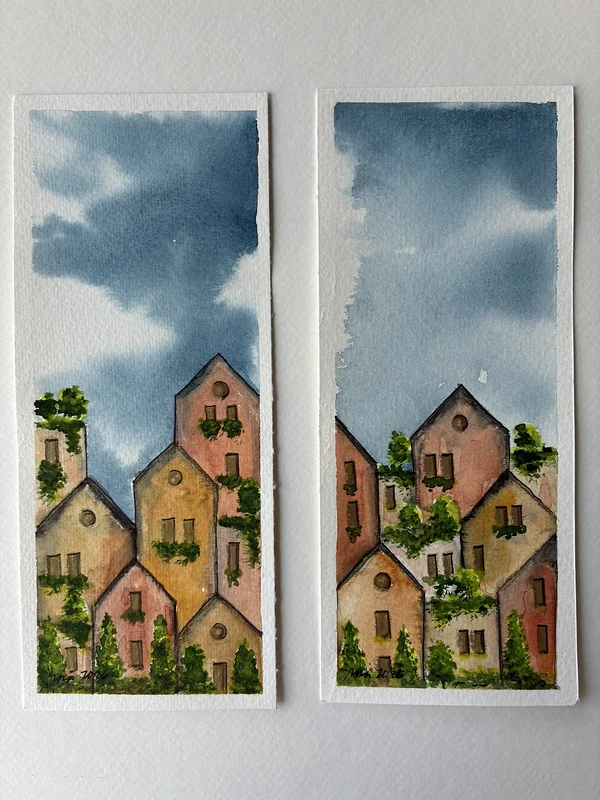 Akvarell 9 and 7 homes in summer av Rachelle Navarro Åstrand