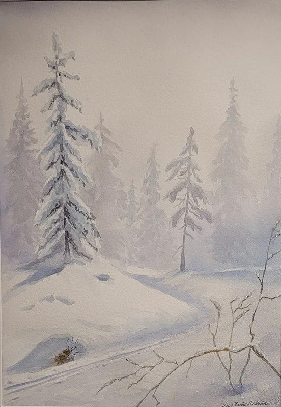Akvarell Skidspåret av Lena Bovin Adolfsson