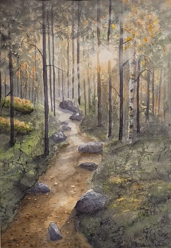 Akvarell Höstpromenad i skogen av Lena Bovin Adolfsson