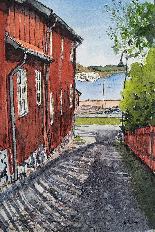 Akvarell Strängnäs hotell Laurentius av Paula Bakker