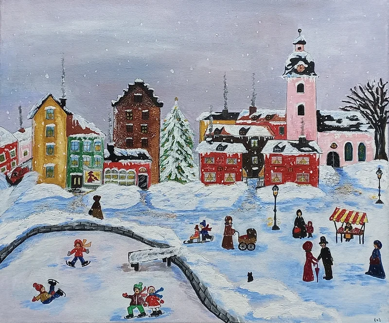 Akrylmålning Jul i Småstad av Rose-Marie Österström