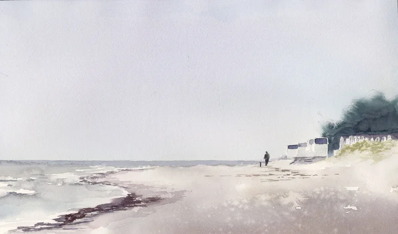Akvarell Bilder från Skåne - Hundpromenad, Ljunghusen av Bea Carlsson