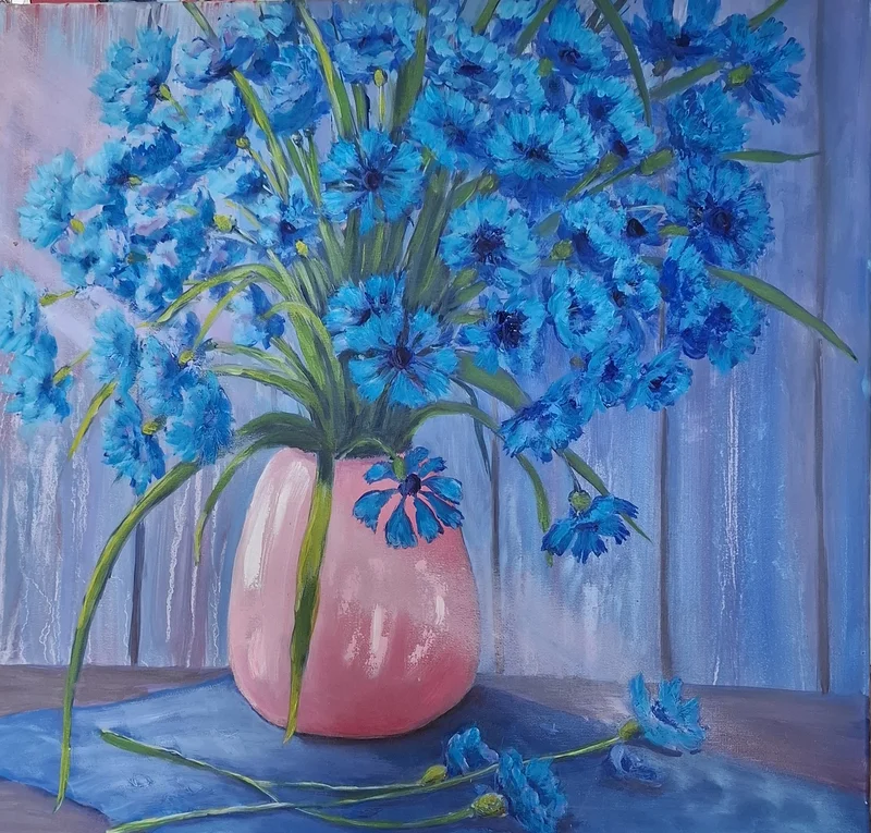 Oljemålning Blå blommor i en rosa vas av Marina Jansson