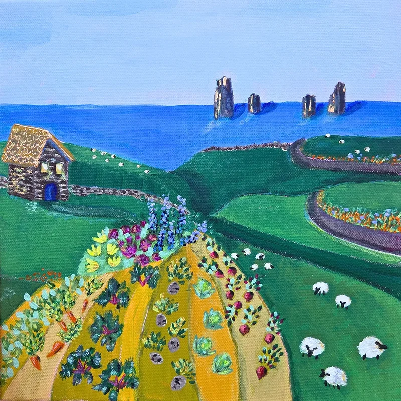 Akrylmålning Irish Village Farm av Ingrid Poole