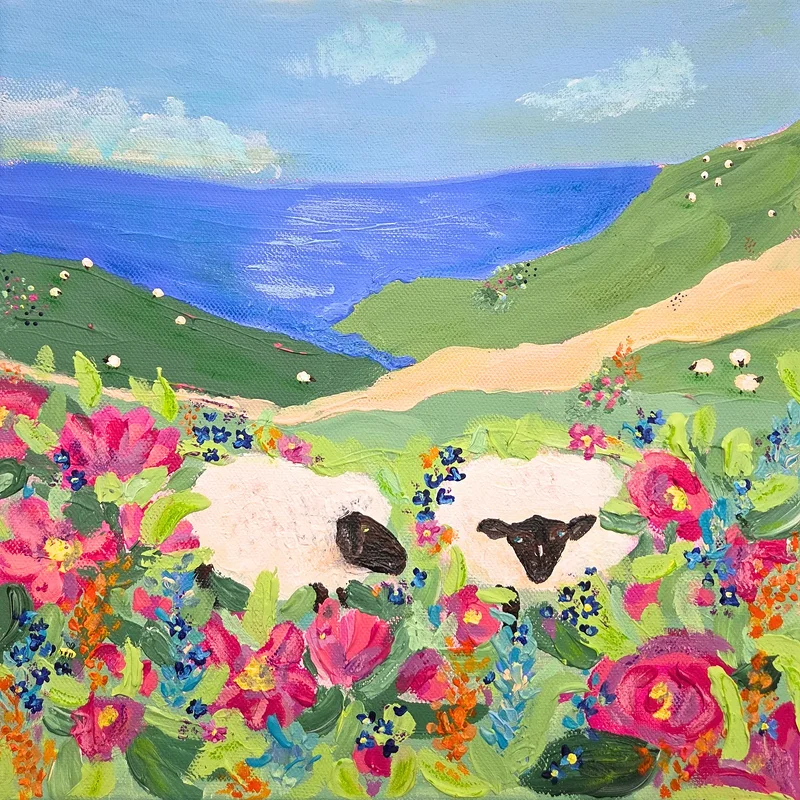 Akrylmålning Sheep in the Flowers av Ingrid Poole