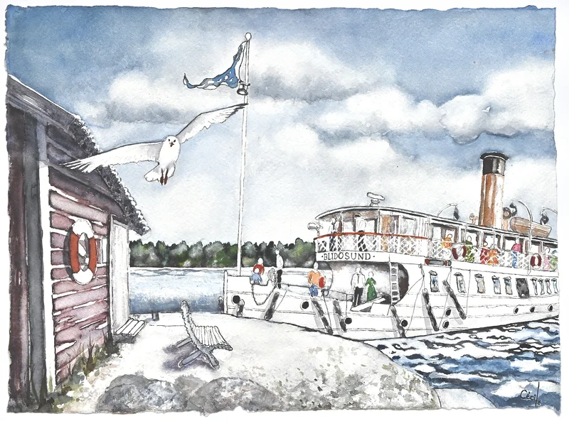 Akvarell Blidösund vid Alsvik av Cécile Hansson