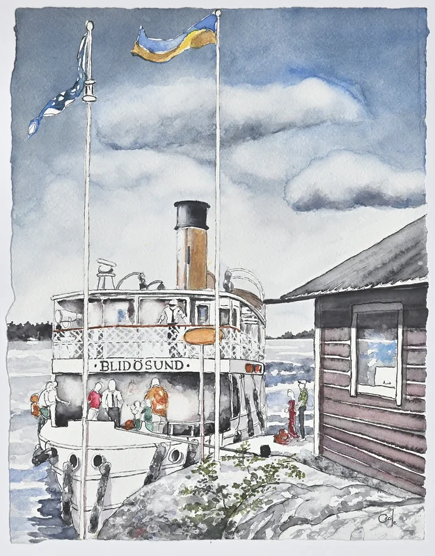 Akvarell Alsvik tar emot Blidösund av Cécile Hansson