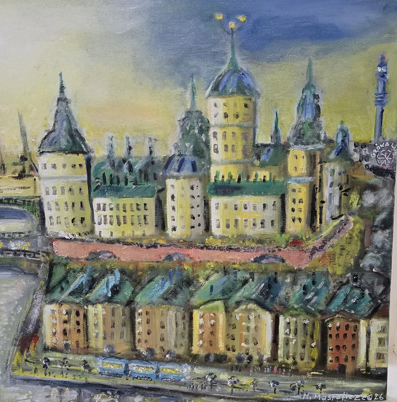 Oljemålning Tre kronor i ny dager av Michael Masreliez