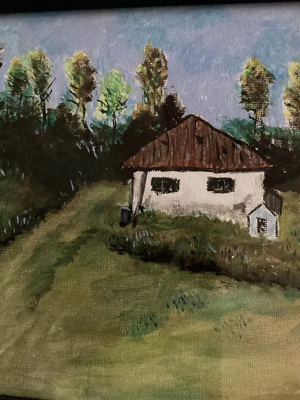 Akrylmålning Ladugård i Norrland av Jeanette Wadelius