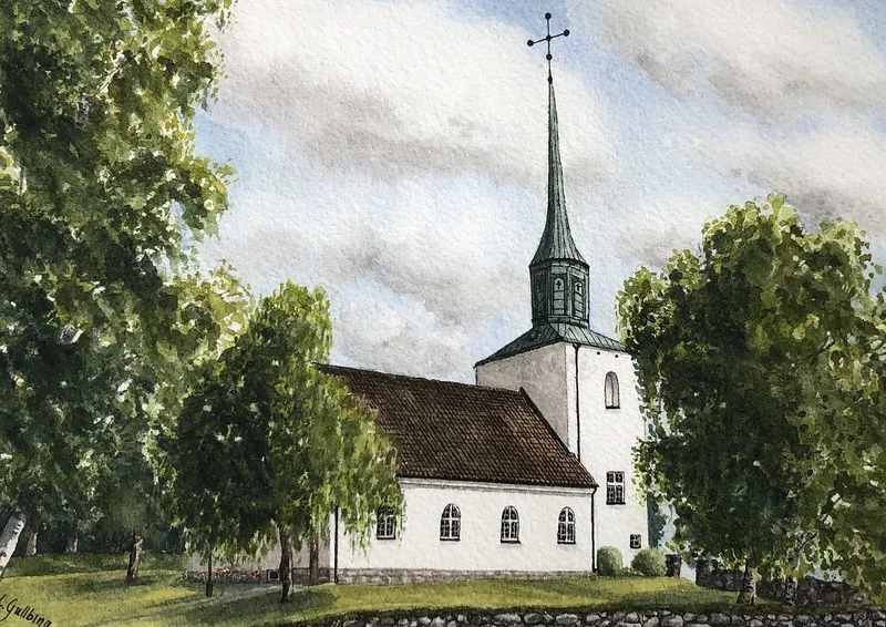 Akvarell Sillhövda kyrka av Lydia Gullbing