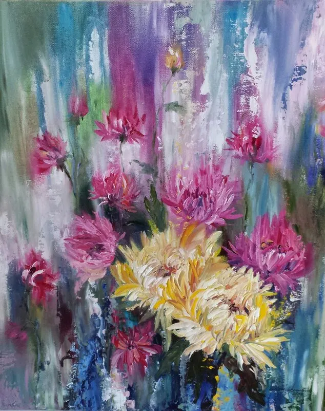 Oljemålning Krysantemum av Viktoria Brunbäck
