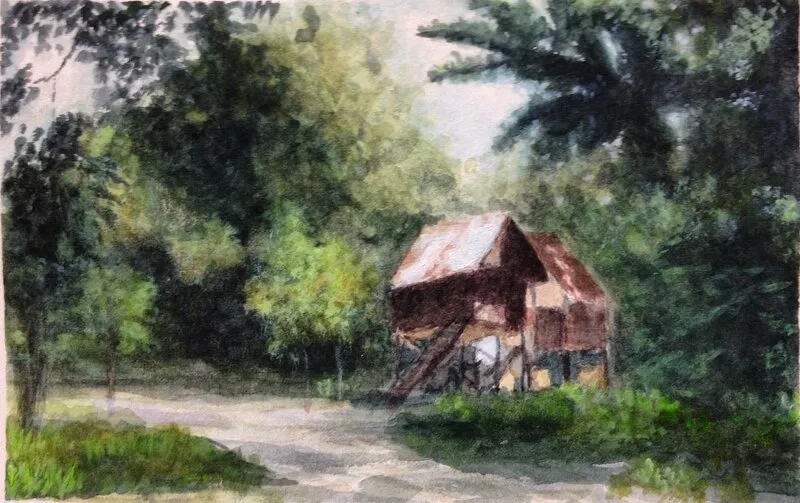 Akvarell Riverbank House av Love Misgeld
