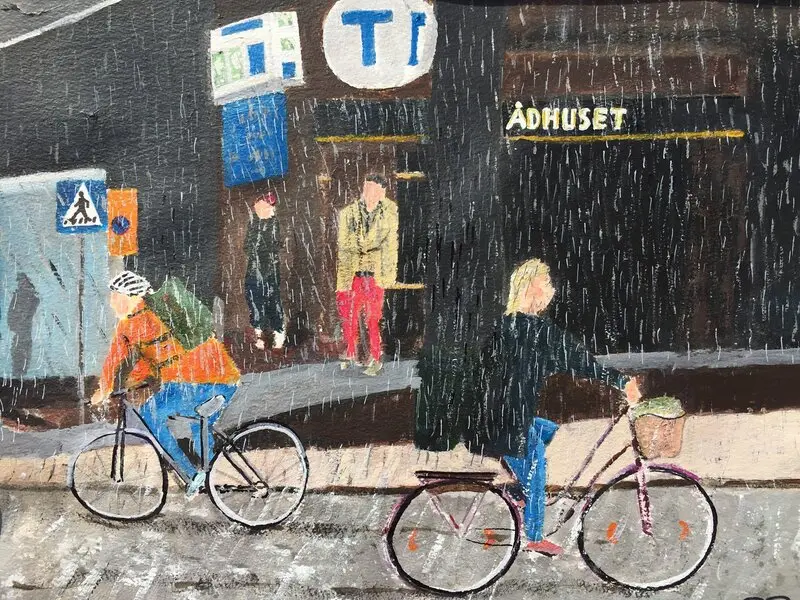 Akrylmålning På cykel förbi Rådhuset av Anders Gabrielsson