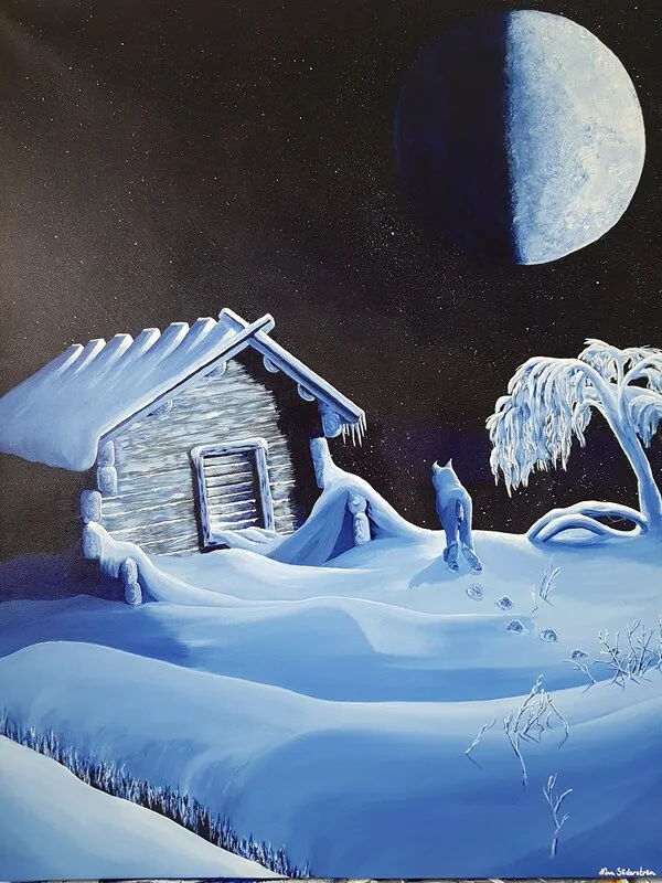 Akrylmålning Vinterlada i månsken av Nina Söderström