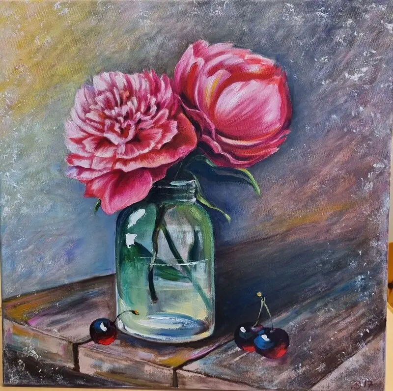 Oljemålning Pioner av Maria Dazhypkan