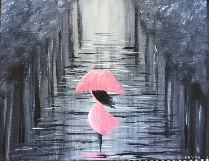 Akrylmålning Flickan med rosa paraply av NADINE J