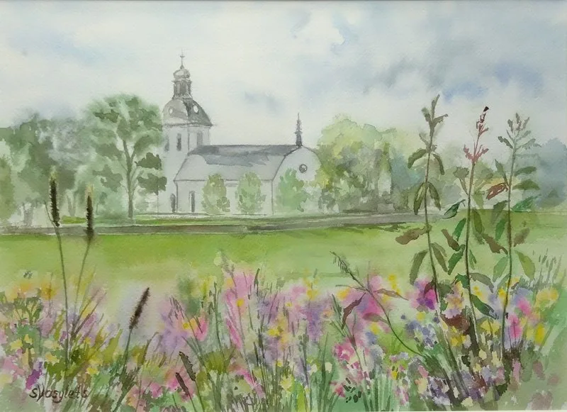 Akvarell Nora kyrka av Svitlana Vasylets