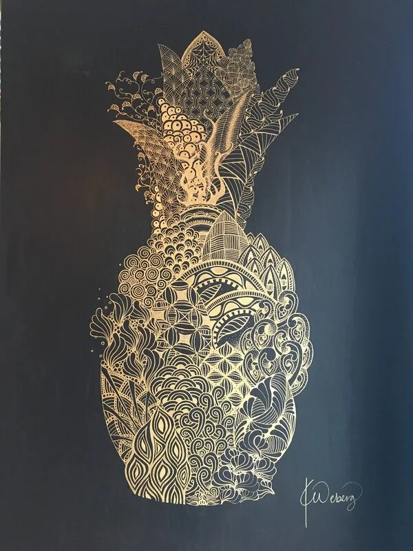 Akrylmålning Golden Pineapple av Kristina Weberg