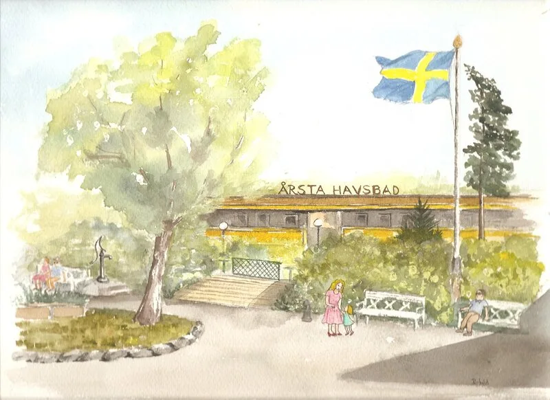 Akvarell Torget förr av Ragnhild Blomdahl