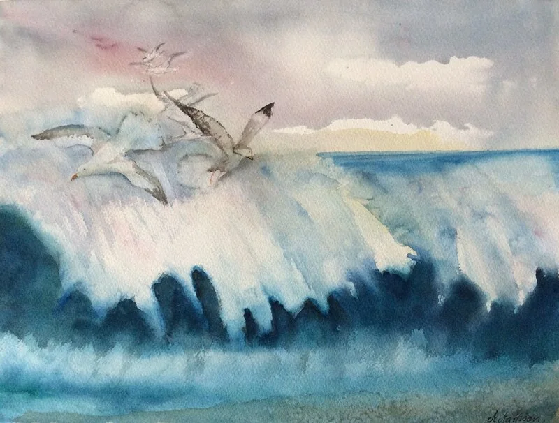 Akvarell Surfande måsar av Margareta Mattsson