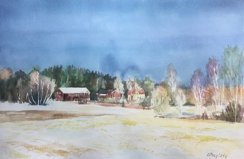 Akvarell Lite sol och lite snö av Svitlana Vasylets
