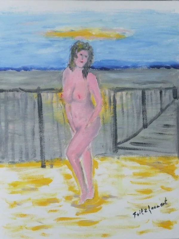 Oljemålning Naken på strand. av Fritz Lennart Andersson