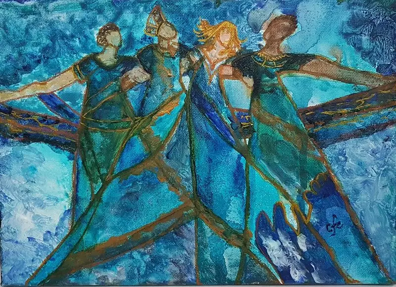 Akrylmålning Dansande damer - akryl och blandteknik på canvas av Christine Foss Eriksson