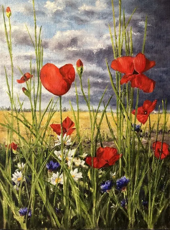 Oljemålning Blommande ogräs av Helen Boreson Holmberg