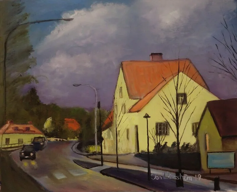 Oljemålning Stuvsta stationshus av Jan Wineström