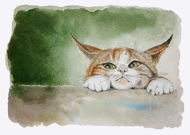 Akvarell Katt på smygjakt av Tess Enarsson