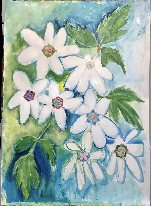 Akrylmålning Anemone nemorosa av Karina Sommarström