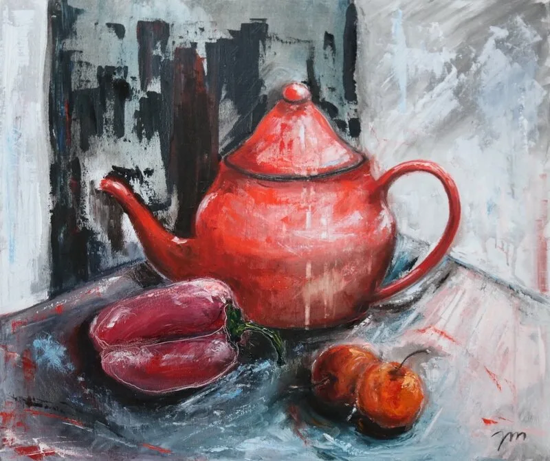 Oljemålning Röd tekanna, 2019. av Jonas Malmström